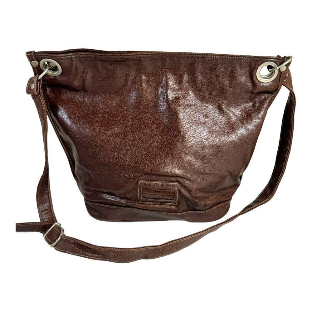 Perry Ellis America Brown Leather Large Satchel Tote Shoulder Bag Purse Handbag